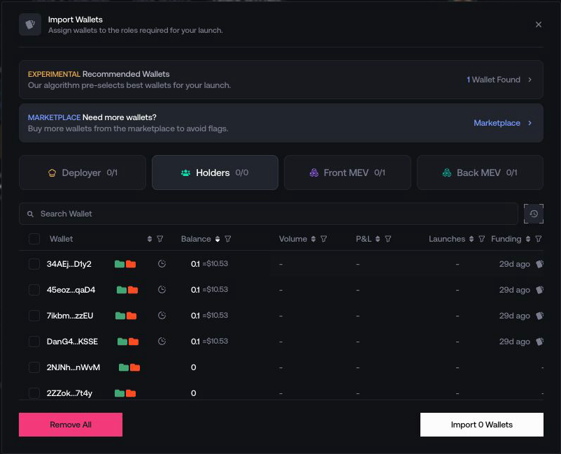 Wallet assignment panel